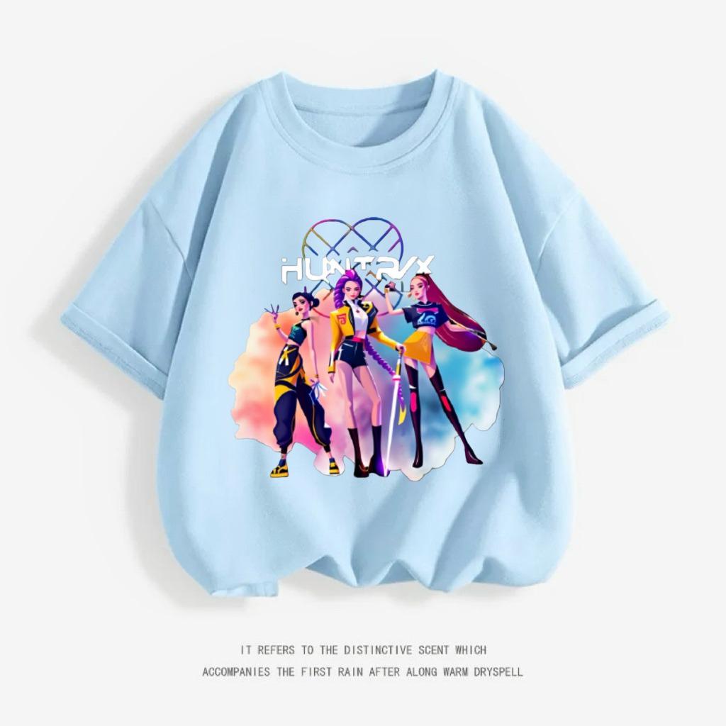 Girls Short Sleeve Cartoon Fashion Summer Wear 2026 Trendy Clothing Kpop Demon Hunters Huntrix T-shirt Pure Cotton Tees
