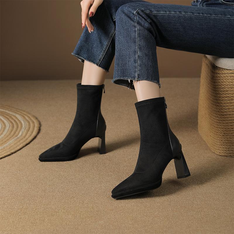 Black suede leather splicing short boots women's high heel British versatile elastic boots temperament thin boots autumn and winter new
