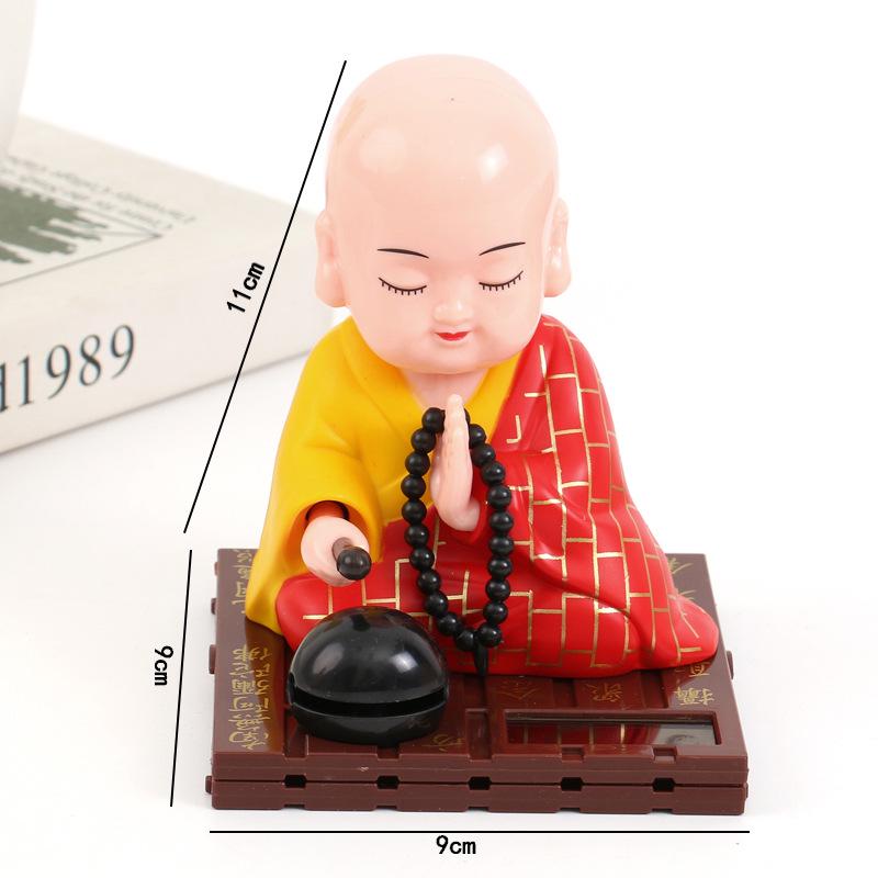 Online Solar-Powered Wooden Little Monk Car Figurine - Buddha Decoration