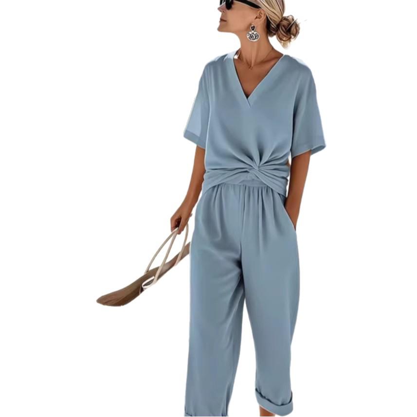 2026 Women's European and American Summer Fashion Solid Color Irregular Short Sleeve Set