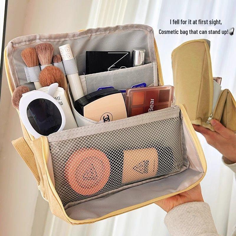 Large Capacity Women's Portable Vertical Cosmetic Bag with Multilayer Storage for Skincare and Travel