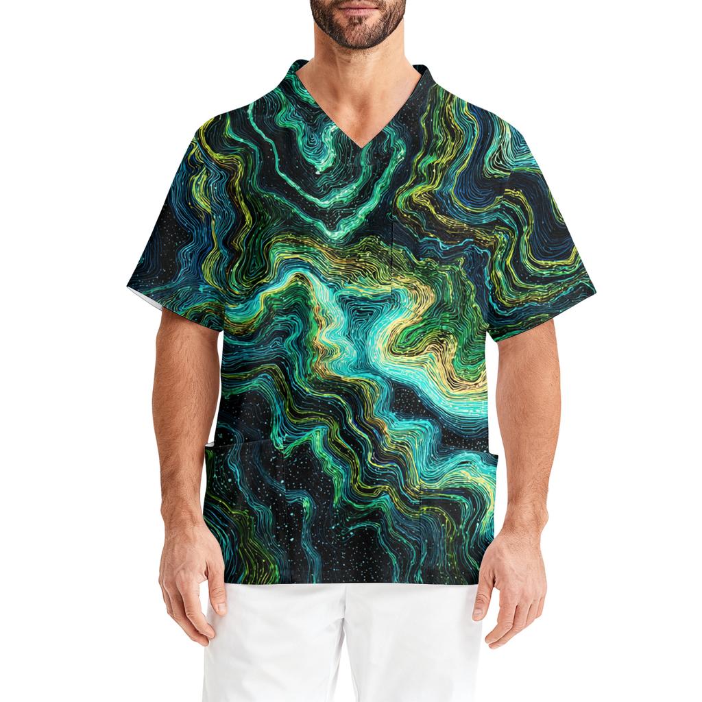Men's Printing Short Sleeve V,neck Working Blouse Chest Pocket Carer Top