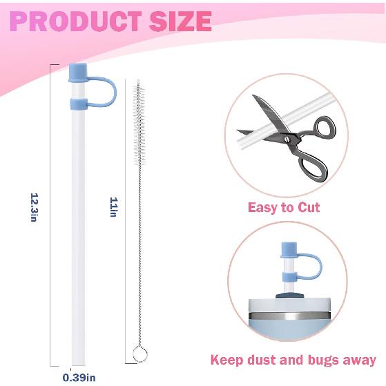 6 Plastic Straws Reble for Stanley Tumbler 30 Oz 40 Oz, 12 Inch Straight Replacement Straw with 6 Colorful Straw Covers, 2 Cleaning Brushes for