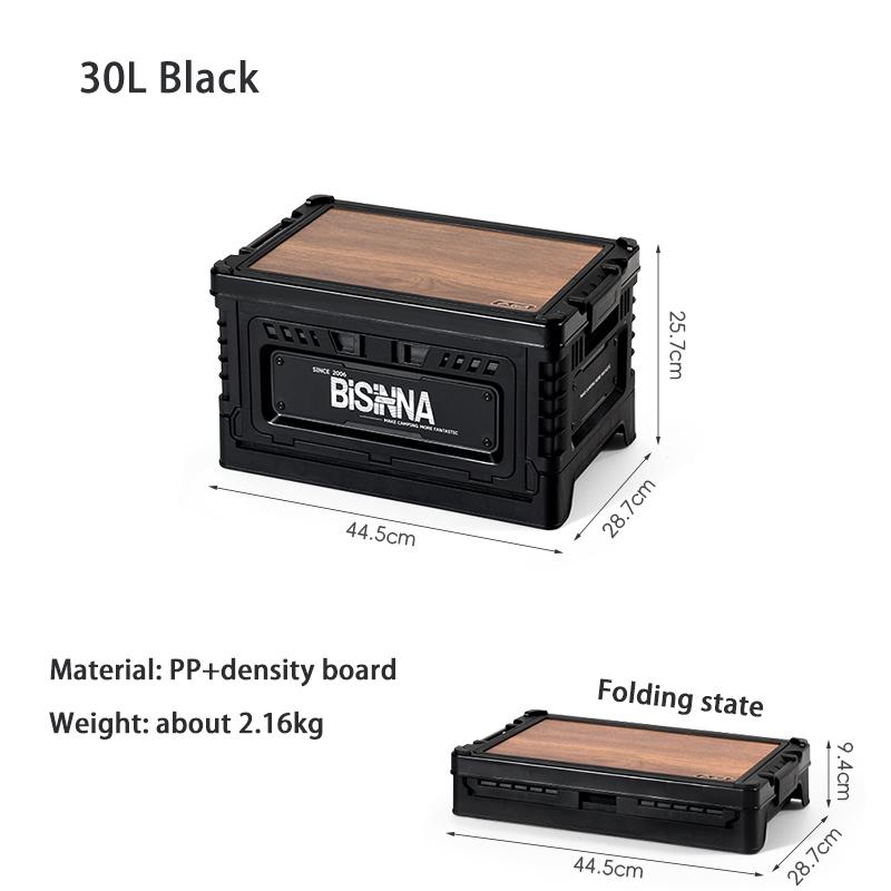 BISINNA Camping Box 30L/60L Large Capacity Folding Storage Box Car Trunk Wooden Lid Home Bedside Table for Outdoor Picnic Travel 30L Black
