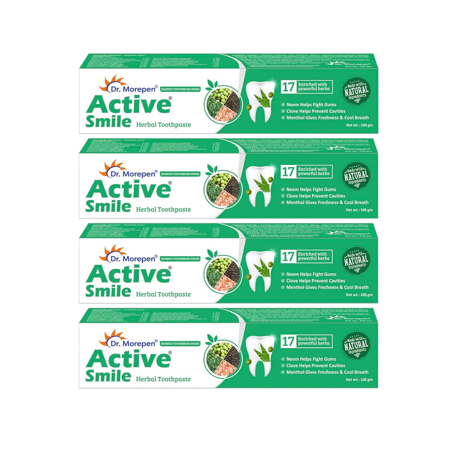 

Dr. Morepen Active Smile Herbal Toothpaste Ayurvedic Combo Pack of 4 for Oral Care 100 gm