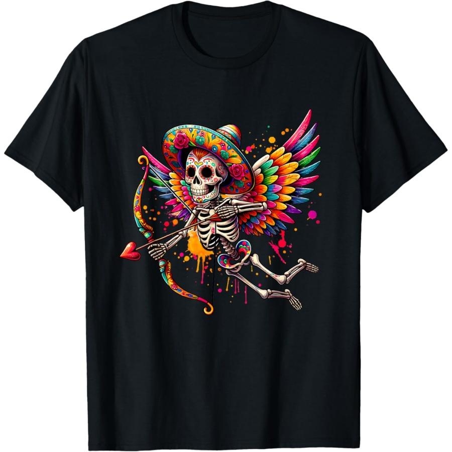 Cupids Arrow Brings Hearts Together Colorful Skeleton Art T-Shirt(3) S
