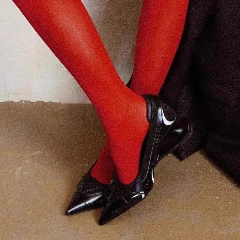 Fashion New Bow Mary Jane Sport Retro Pointed Toe Shallow Mouth Splice Surface Suspension Heel Anti-Slip Wear-Resistant High Heels