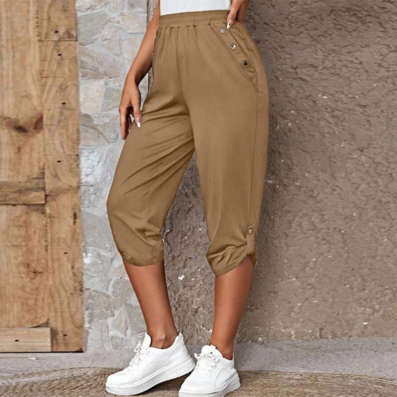 Women's Casual Black Elastic Waist Button Hem Capri Pants