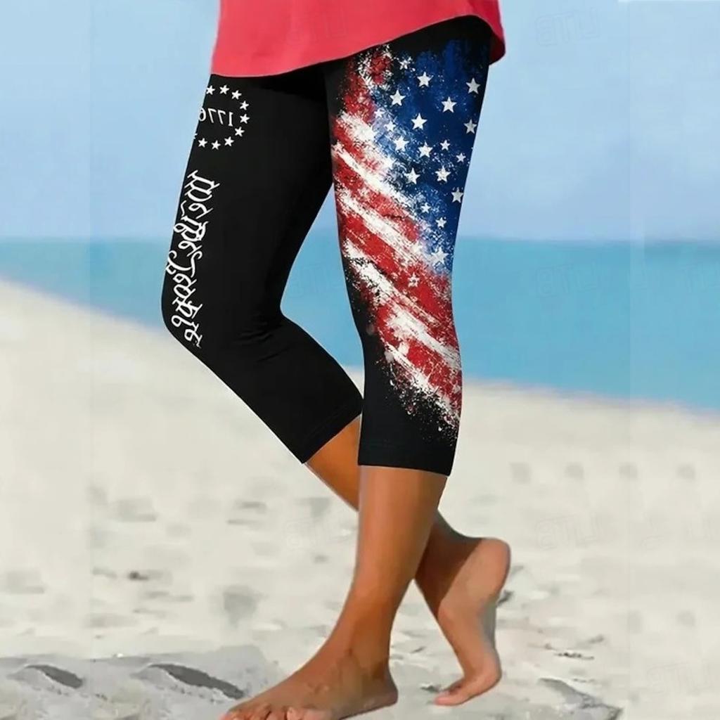 Women's Elastic Waist Capri Pants with Patriotic Heart Print Stretchy Fit Mid-Calf Length Casual Beach Bottoms