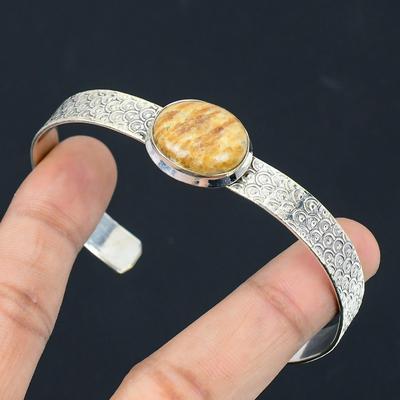 Natural Brown Amazonite Gemstone Bangle Adjustable 925 Sterling Silver Jewelry