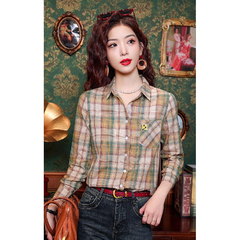 Women's long-sleeve plaid shirt 2026 new Korean style fashion design slim casual top