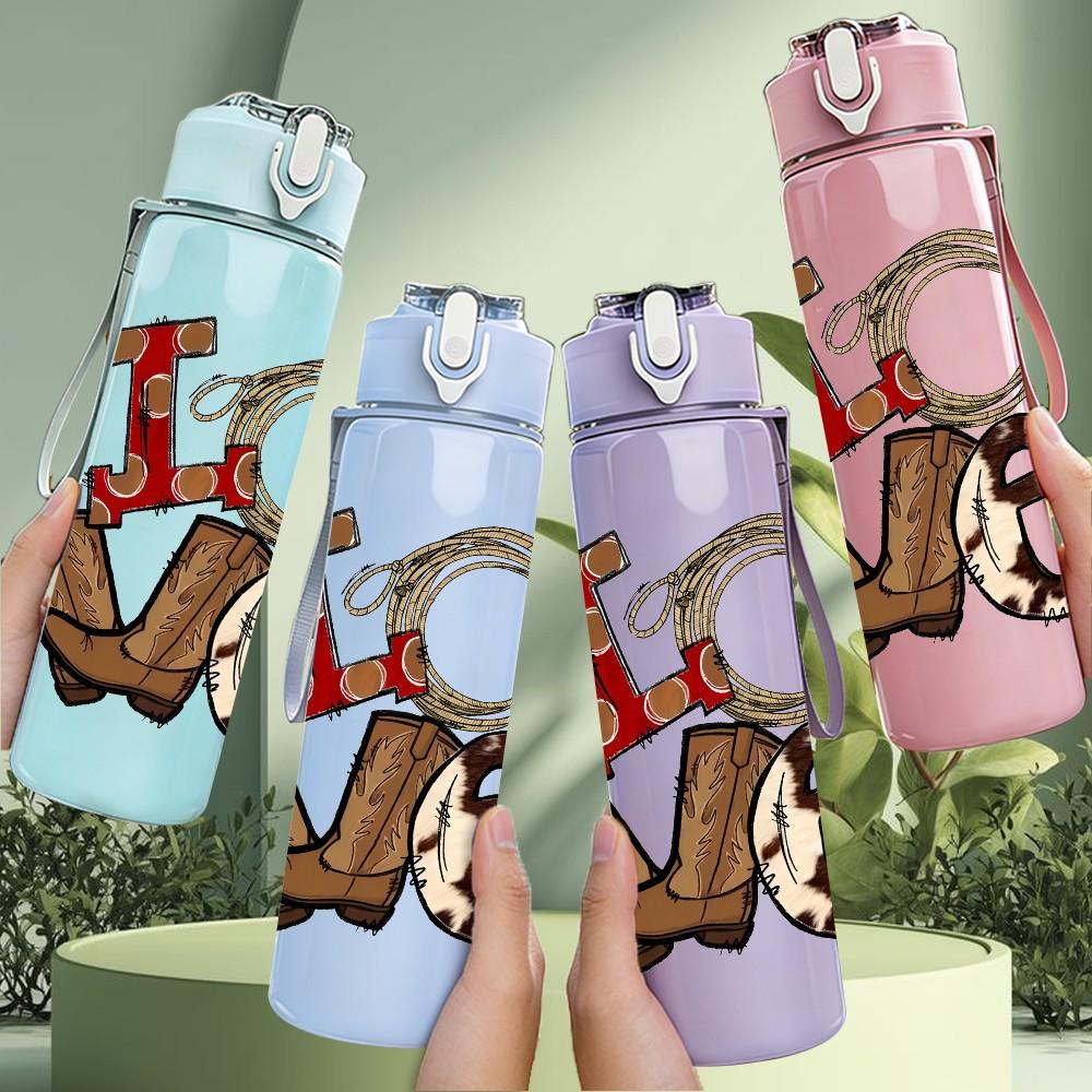 1PC Cowboy Boot Handcuff Vintage Pattern 750ml Color Plastic Sports Water Bottle Leakproof Flip Straw Lid Suitable for Sports Office Home Use