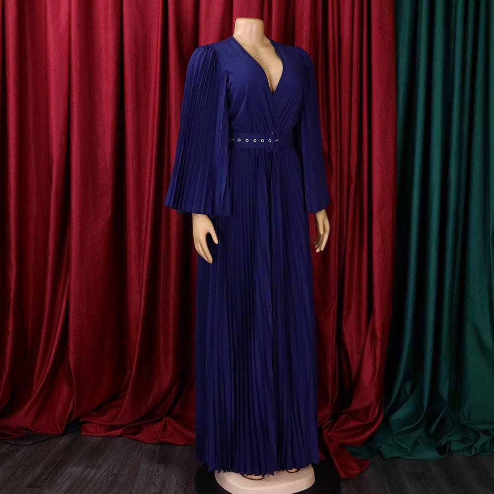 Ευρωπαϊκό & Αμερικανικό Γυναικείο Σέξι Μακρύ Βραδινό Φόρεμα με V Λαιμόκοψη και Πλισέ Λεπτομέρειες