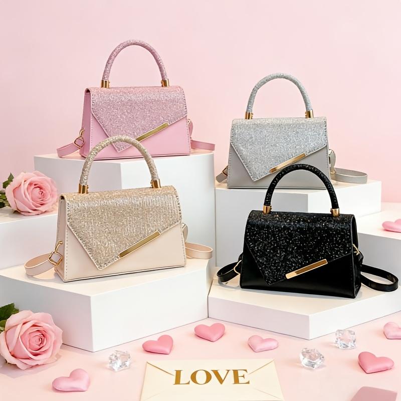 Women's Elegant Glitter Handbag, Flap Crossbody Satchel Purse with Gold Accent Detachable Strap for Party Wedding Shoulder Bags