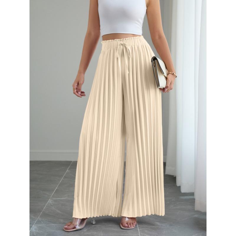 Fashion Loose Pleated Women's Long Pants Solid Color New Folded Elastic Waist Strap Loose Wide Leg Pants Casual Drawstring Trousers