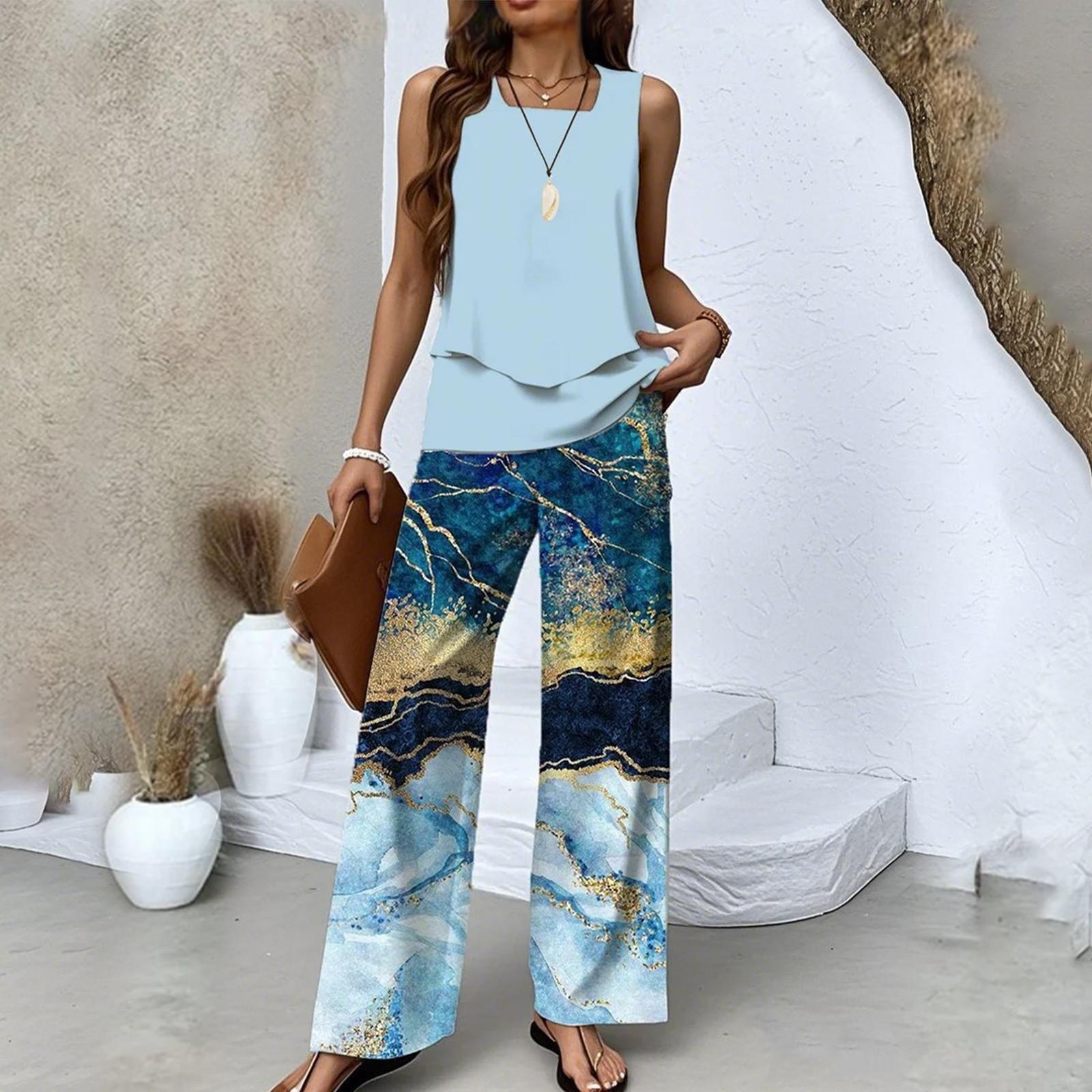 

Женский летний свободный двухслойный жилет без рукавов, повседневные брюки, комплект для отпуска XXL синий