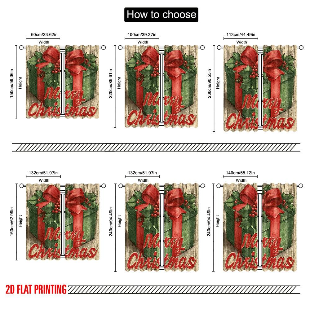 2pcs,2D Plane Printing Print Curtains Holly Berries & Gift Box Versatile Durable Polyester (without Rod) Festive Use for Living
