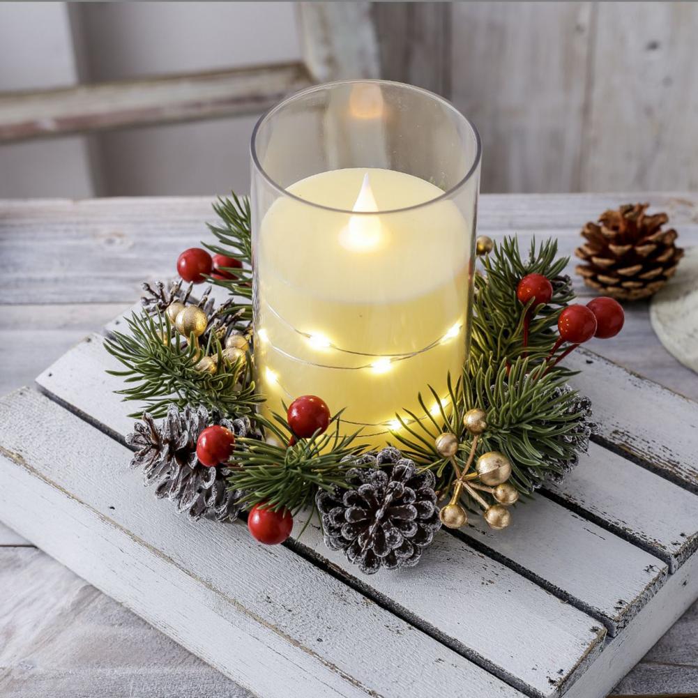 Christmas Candle Ring Artificial Pine Needle Pinecone Berries Garland Rustic Festive Candle Wreath for Home Table Decor