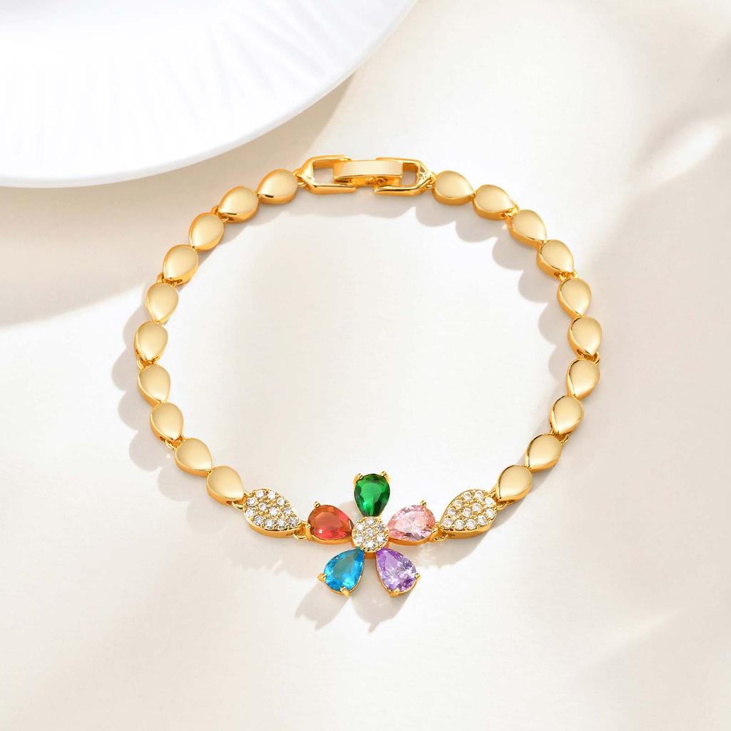 Luxurious Water Drop Zircon Colorful Zircon Flower Bracelet,Women's Eye Strap Hollow Heart Round Bracelets,Girl's Jewelry Gift