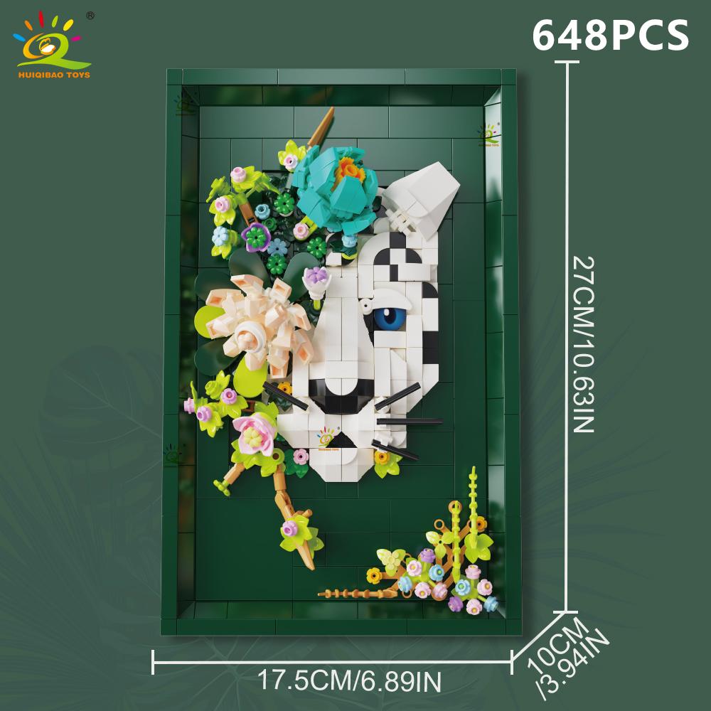 

HUIQIBAO MOC Lion Leopard Shark with flower Building Blocks Animal model Hanging wall Brick Toy set display stand Home Decor. no box