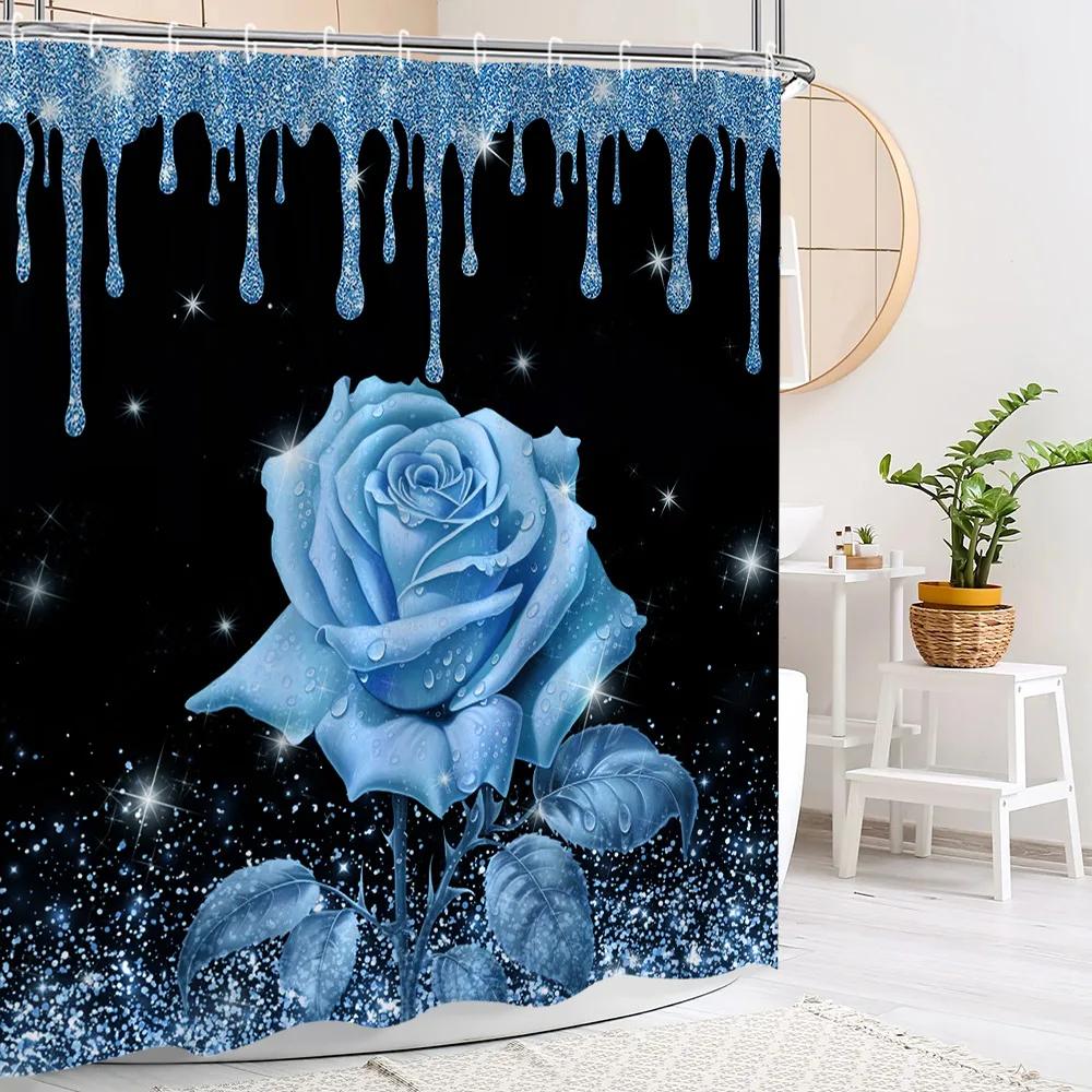 Pink Glitter Rose Shower Curtain and Rug Bathroom Set Floral Pink Glitter Shower Curtains Bath Mat Bathroom Decor with Hooks