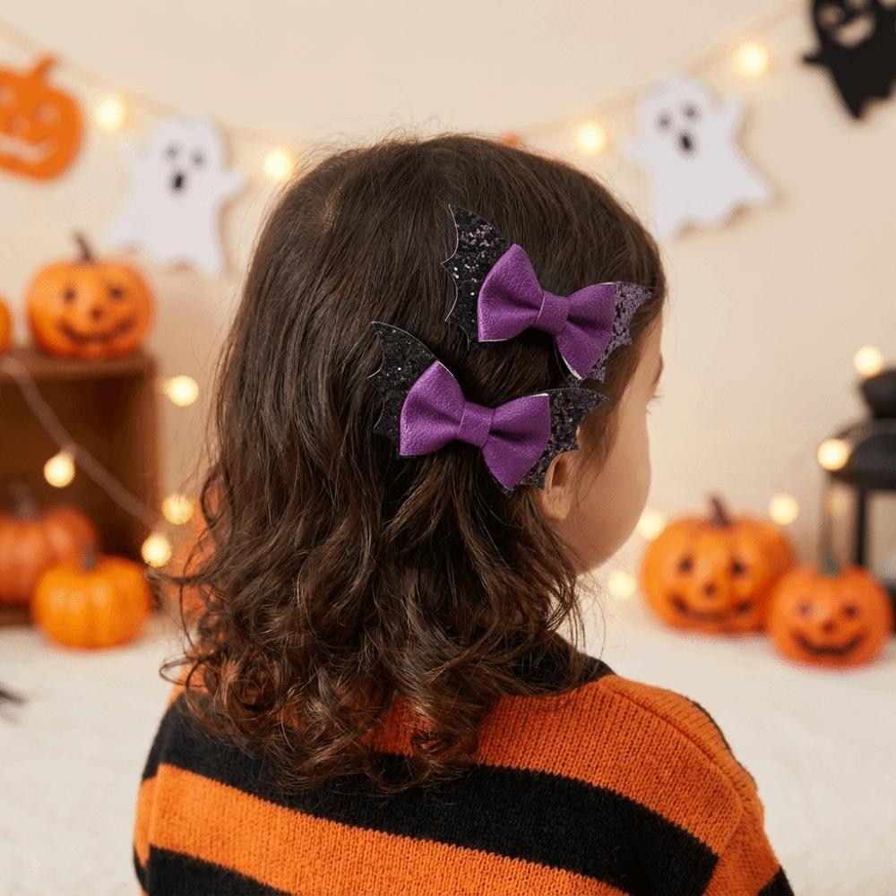2 pcs/set Double Layered Halloween Barrettes Bow Sequins Hairpin Bat Wing Hair Clips Girl