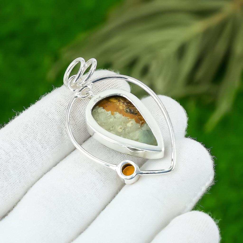 Sterling Silver Polychrome Jasper Stone Citrine Daughter Bezel Pendant Jewelry