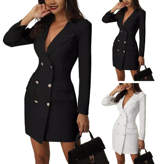 Blazer Dress for Women V Neck Long Sleeve Work Dress Notch Lapel Double Breasted Jacket Dress Formal Office Business Outfit