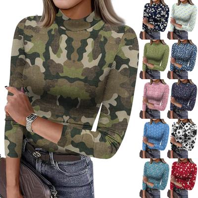Women's Slim Bottom T-shirt Fashion Casual Gradient Printing Round Neck Pullover 3/4 Sleeve Top