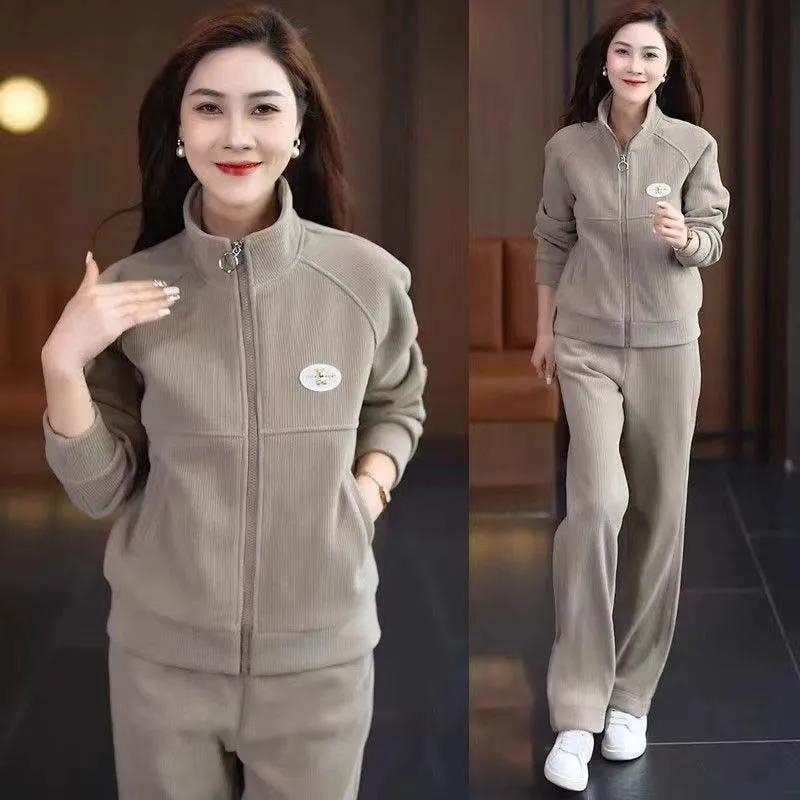 Fashion Mother's Sportswear Suit Women's Spring and Autumn Sweater Stand-up Collar Cardigan Western Casual Two-piece Suit