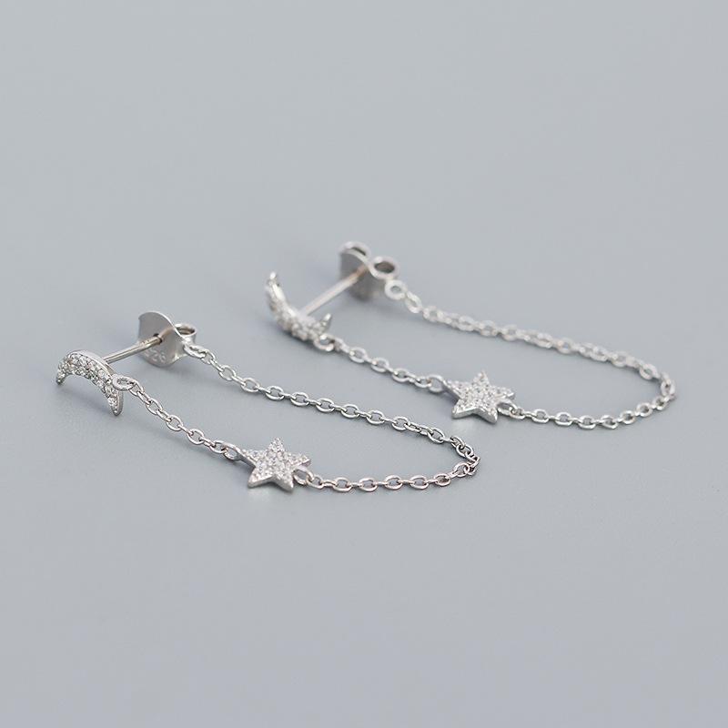 Fine Jewelry 925 Sterling Silver Tassel Chain Stud Earrings 18K Gold Plated Moon and Star hang Chain Earrings for Women