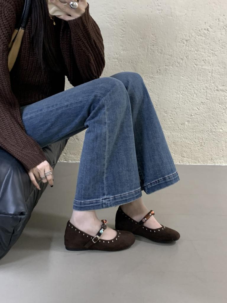 Mary Jane shoes women's 2025 autumn new French retro round head shallow mouth Mori series inner 4cm beaded women's shoes