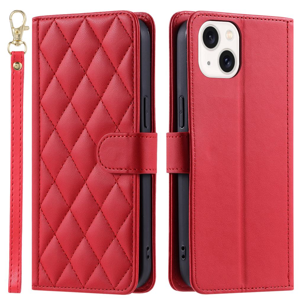 For iPhone 14 Leather Case Rhombus Grid Pattern Phone Wallet Cover