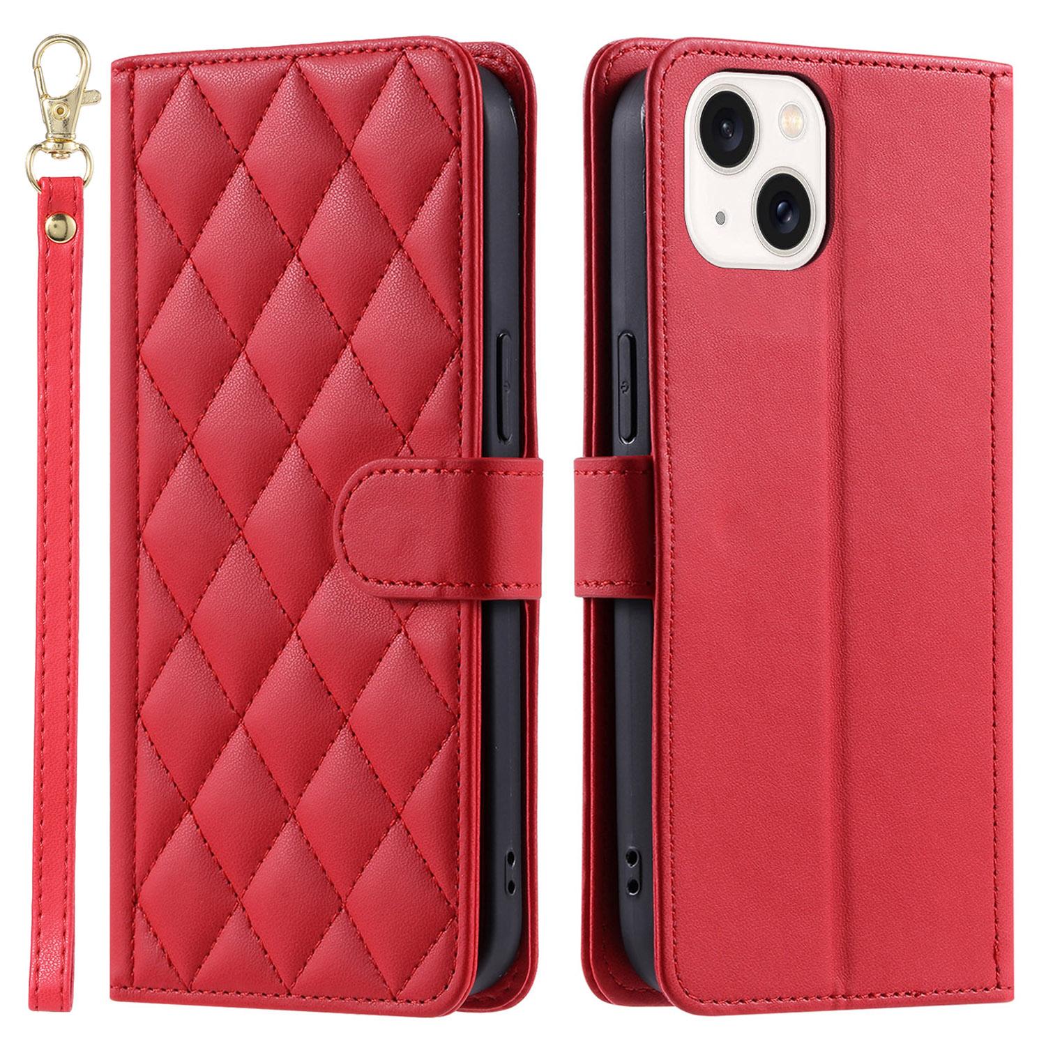 For iPhone 15 Plus Wallet Case PU Leather Cover Stitching Rhombus Grid F