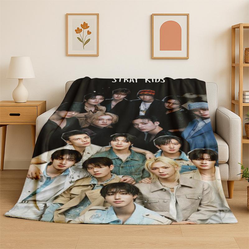Kpop Stray Kids Music Star Flannel Blanket Soft Warm Throw Blanket for Bedroom Living Room Bed Travel Camping Picnic Gift