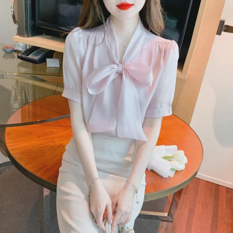 2025 Summer New Korean Style V-Neck Bow Lace Chiffon Shirt - Pink Sweet Short-Sleeved Top