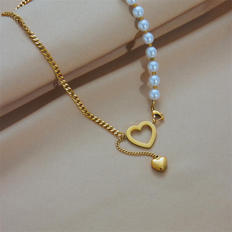 DIEYURO 316L Stainless Steel Gold Heart Pearl Pendant Necklace For Women Punk Street Rustproof Neck Jewelry Party Gift