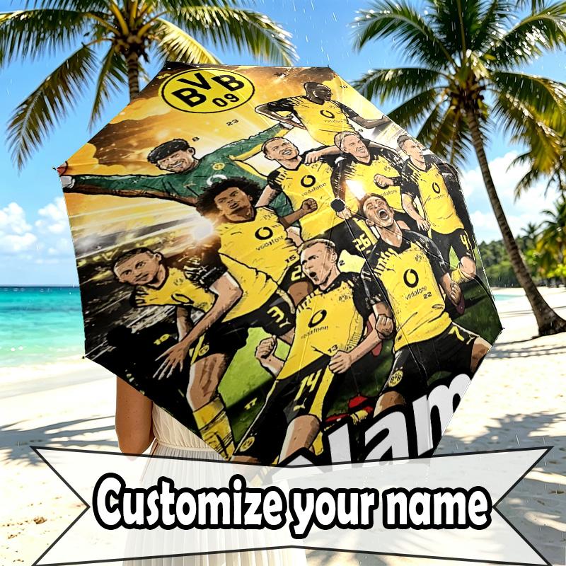 Custom Name Personalized Borussia Dortmund Print Umbrella, Auto Open Close, 8‑Rib Sturdy Frame, Commute Camping Hiking Use, Birthday Gift
