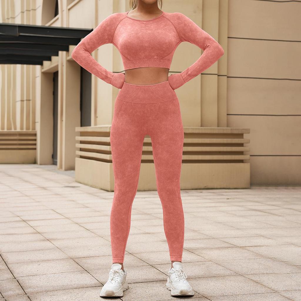 Women's European & American Washed Yoga Set: Long Sleeve Top and Slim Fit Pants, Two-Piece Fitness Outfit.