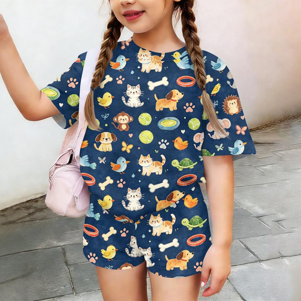 Kids Casual Two Piece Set Short Sleeve Top and Shorts Animal Pattern Lightweight Comfortable Summer Outfit for Boys and Girls