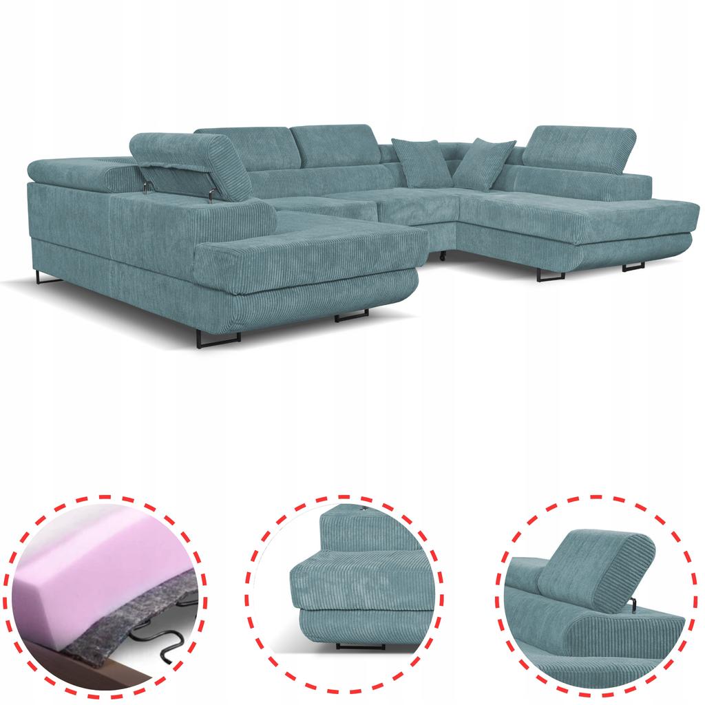 U-shaped Corner Sofa Bed, Extendable F. Savio Family Sleep Furniture J Green Corduroy