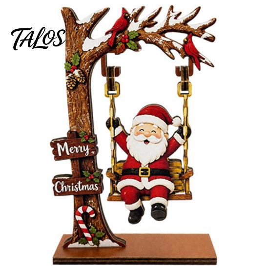 Xmas Gift for Family Christmas Wooden Ornaments, Santa Snowman Figurine with Moving Festive Fireplace Ornaments Swing, Rustic Holiday Tabletop