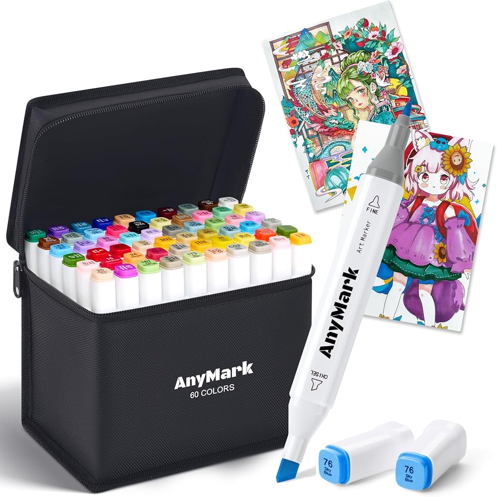 AnyMark Illustration Markers 60 Color Alcohol Markers Dual Tip Professional Art Supplies Set for ...