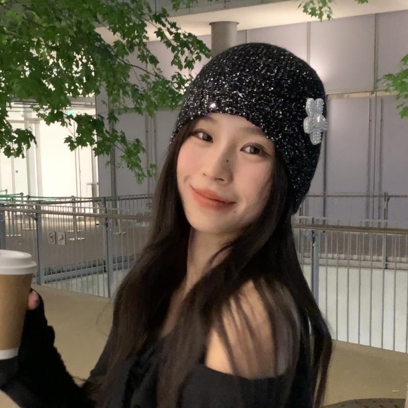 Niche Design Cute Black Hollow Bow Cold Hat Women Versatile Elastic Lace Hat Hot Girl Pile Hat