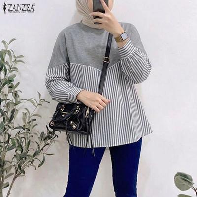 Women Casual Round Neck Long Sleeve Stripe Patchwork Blouse