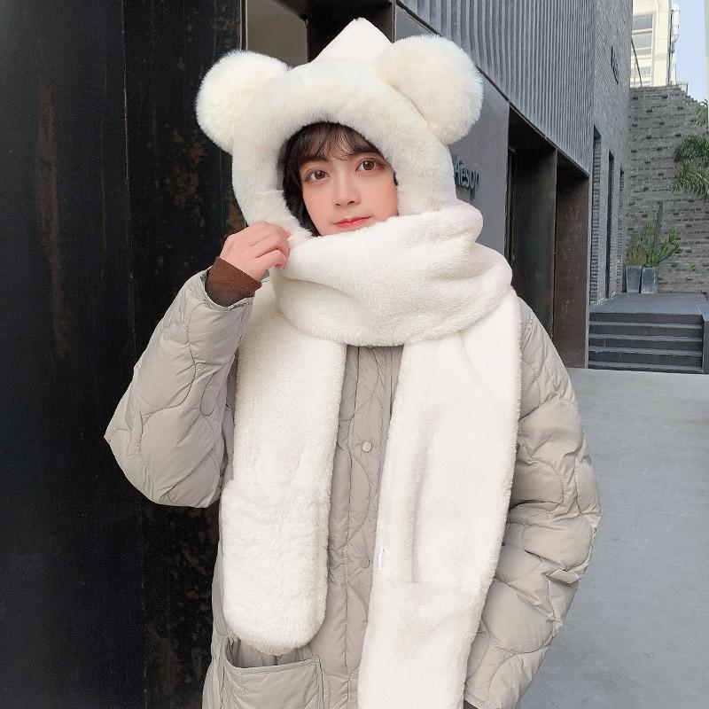 Bear Hat Women's Winter Warm Three-piece Scarf Versatile Winter Plush Ears Cute Hooded Scarf Integrated