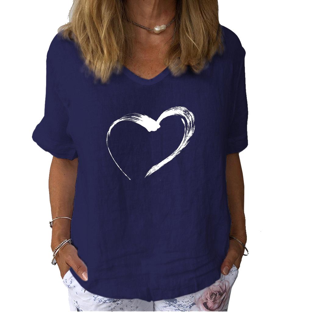 Women Fashion Print Short Sleeved T-shirt Summer Casual Linen Thin Top Ladies Pullover Blouse