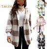 Wintermantel für Damen, Kontrastfarbe, Karomuster, dick, doppelseitig, mit Kapuze aus Samt, offene Nähte, elastische Bündchen, lockerer, warmer Mantel