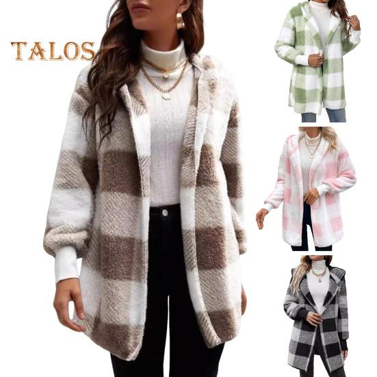 Wintermantel für Damen, Kontrastfarbe, Karomuster, dick, doppelseitig, mit Kapuze aus Samt, offene Nähte, elastische Bündchen, lockerer, warmer Mantel