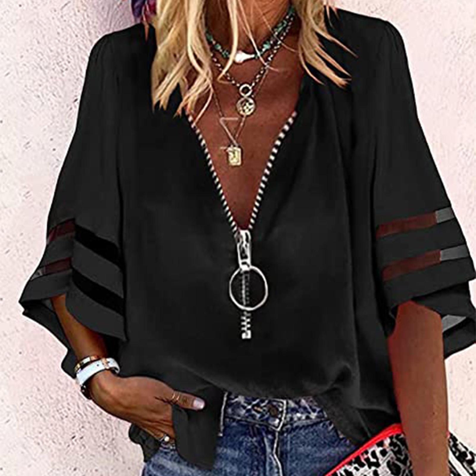 

Женская мода, однотонная повседневная свободная лоскутная футболка со средним рукавом, топ L чёрный